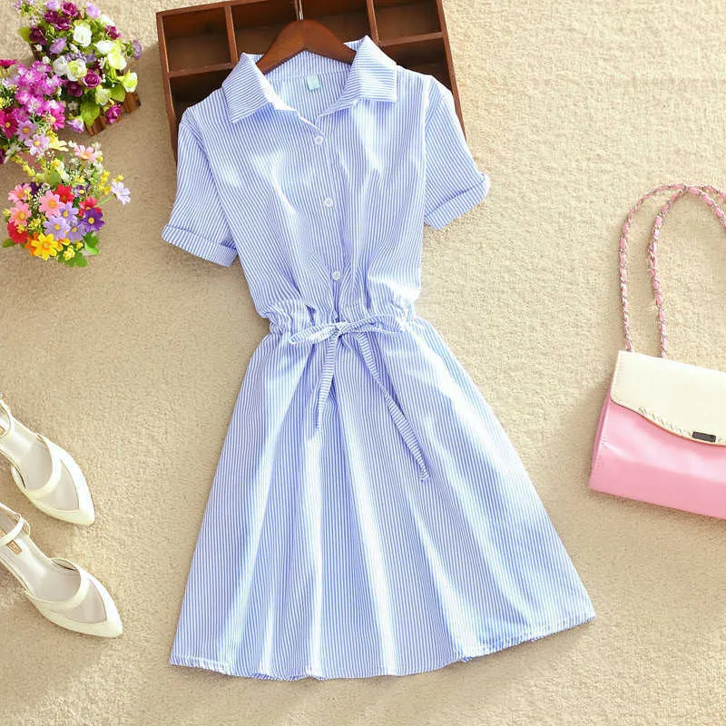 Casual Dresses 2021 Elegant Office Summer Dress Shirt Blue Stripped Cotton Slå ner krage slitage för att arbeta skjortor kvinnor G230311