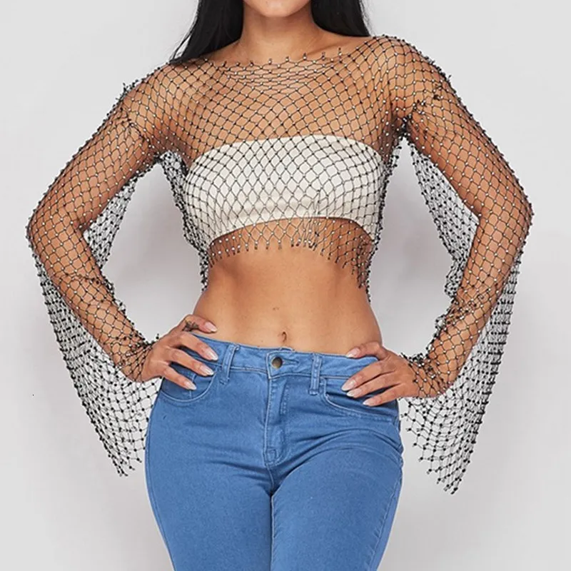 Damskie koszulki brokatte Diamonds Fishnet Tops Blusa Blowly Women o długim rękawie o szyja seksowna pusta na zewnątrz zobacz przez klubowe koszulki 230311