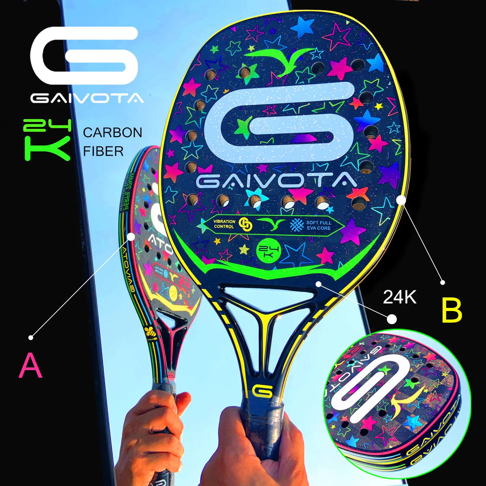 Tennis Rackets GAIVOTA 24K Carbon Fiber Beach Racket Limited Edition Professional Grade Racket with 3D Color Stamping Holographic Technology 230311