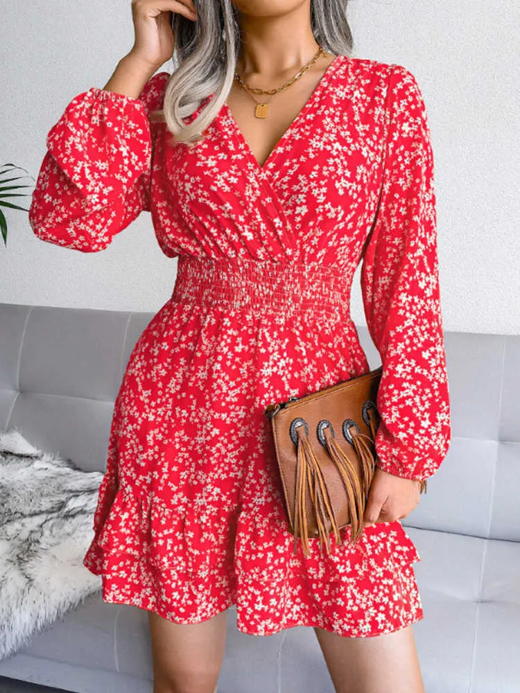 Casual Dresses Elegant Ladies Office Floral Mini Dress Women Autumn V-neck Long Sleeve Fashion Ruffles Slim A-line Dresses For Women's Robe G230311