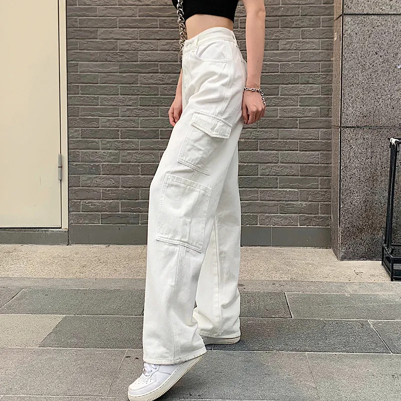 Women's Jeans Vintage Women Fashion White Blue High Waist Casual Jeans Loose Omighty Wide Leg Pocket Cargo Pants Solid Overalls Trouser 230311