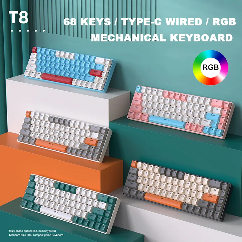 T8 68 teclas RGB Teclado mecánico para jugar 60% Mini tipo C con cable Teclado mecánico personalizado macro programación NKRO para tableta