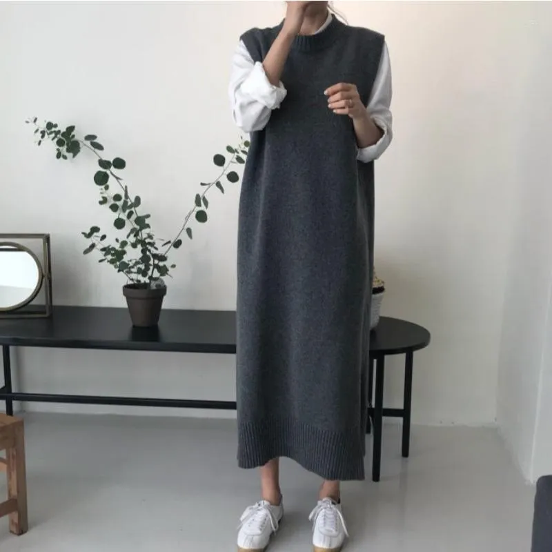 Women's Sweaters Korean Warm Women Autumn Winter Long Sweater Knitted Loose Sundress O Neck Sleeveless Vest Dresses Robe Femme Vestido