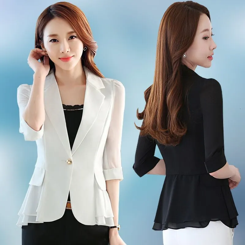 Damenanzüge Blazer Sommer Damenanzug Dünner Blazer Jacke Kurz Schlank Weiß Schwarz Dreiviertelärmel Rüschen Chiffon 230311