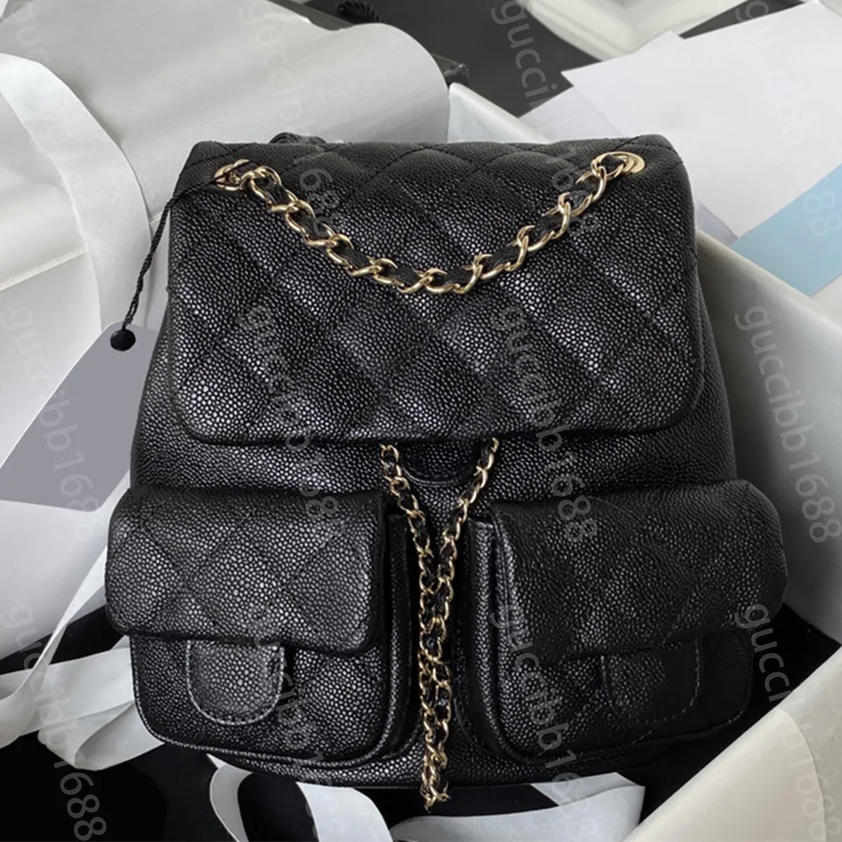 10A Miroir Qualité Designer Petit Sac À Dos 21cm Brillant Veau Grainé Sac À Main Femmes En Cuir Véritable Matelassé Rabat Bourse Double Chaîne Sangle Épaule Noir Sac Avec Boîte