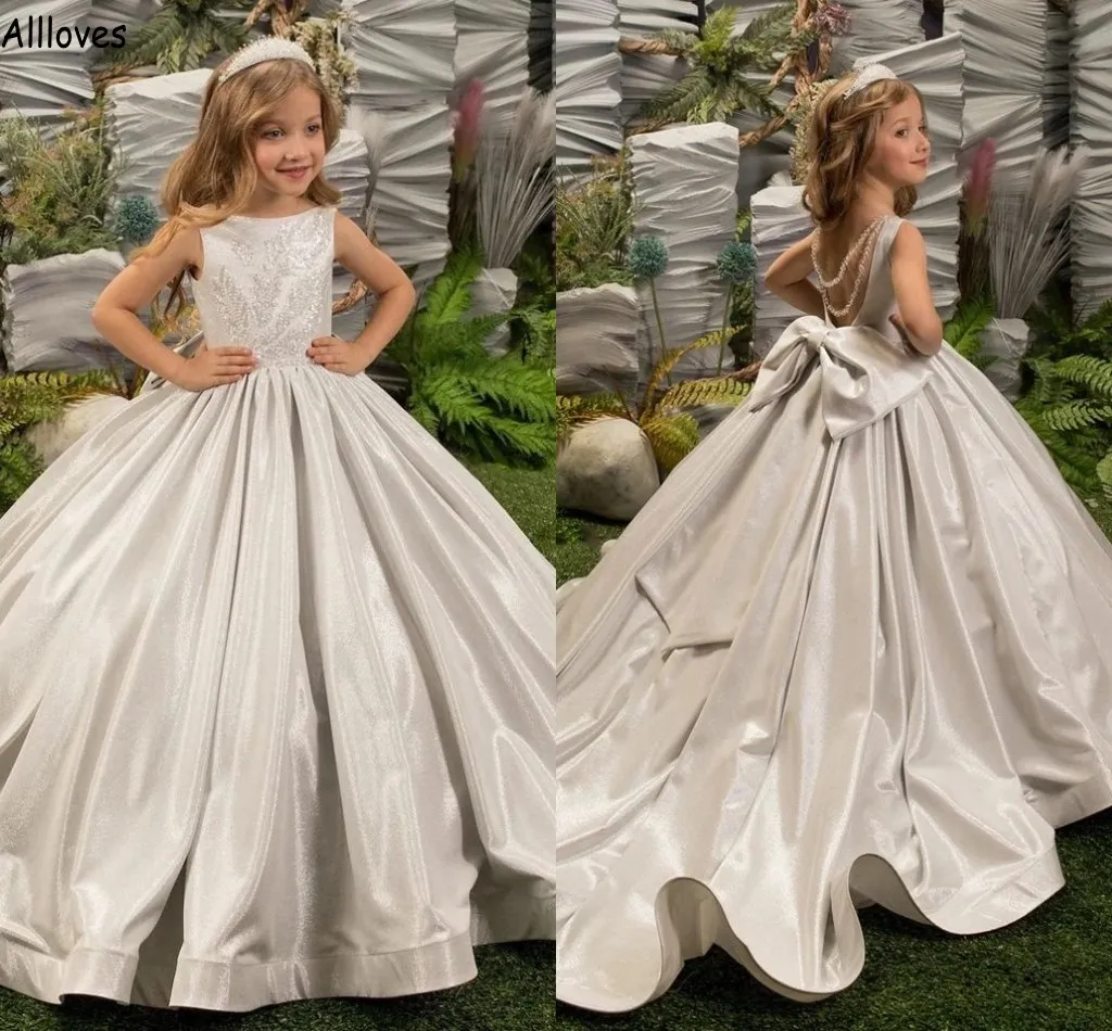 Glossy Ivory Sequined Flower Girl Dresses Jewel Neck Bow Puff Princess Ball Gowns For Wedding Birthday Party Sweep Train Little Girls Toddlder Pageant Dress CL1979