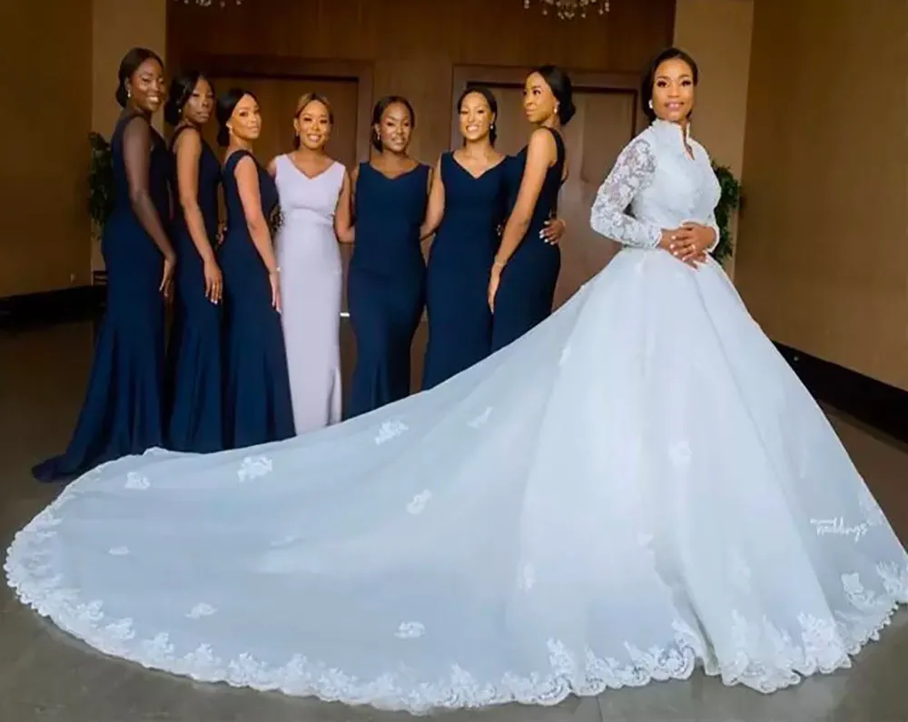 Custom Mermaid Dusty Blue Wedding Dress - Plus size, V-Neck, Elastic Satin, Sleeveless, Floor-Length, Sweep Train - Formal Wear