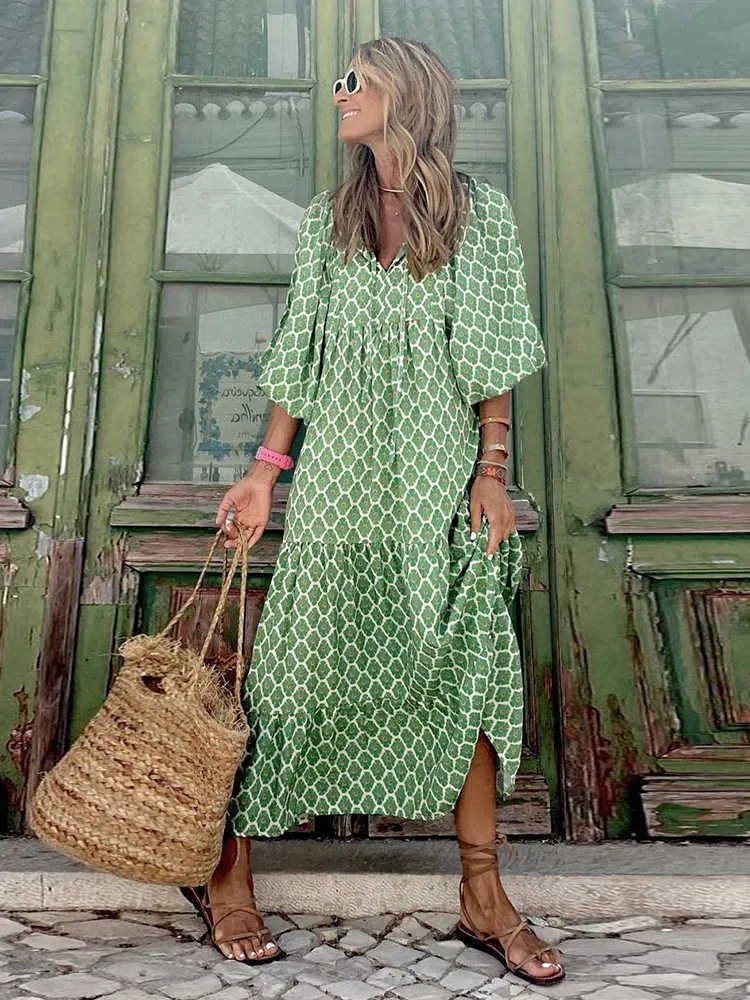 EFOFEI Abito estivo da donna, con stampa floreale, increspato, tunica Boho copricostume aderente svasato spiaggia prendisole, Anelli Blu, XXL