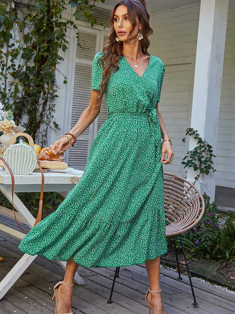 Casual Dresses Summer Boho Long Dress Women Casual V Neck Floral Maxi Dress Fashion Dot Print Lace Up Dress Female Ruffle Hem Beach Sundress G230311