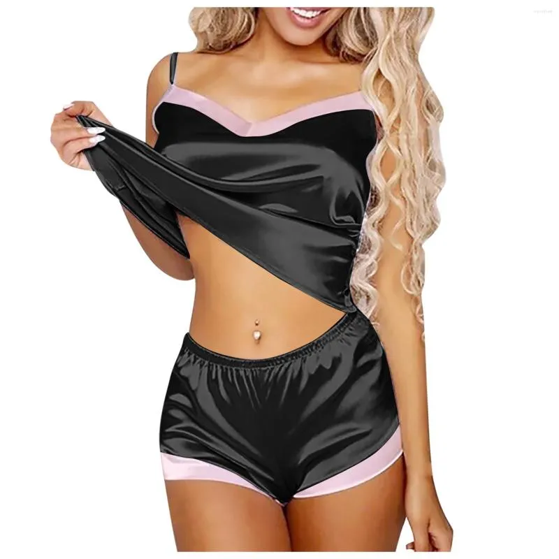 Ropa de dormir para mujer, conjunto de pijama Sexy para mujer, conjunto de lencería con tirantes finos de retazos, traje informal con cuello en V para mujer, pantalones cortos de pijama