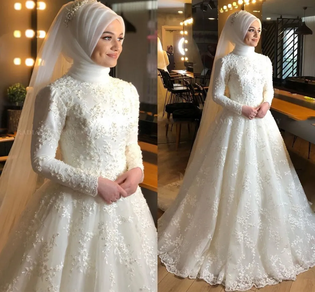 Muzułmańska suknia ślubna 2023 o szyja biała koronkowa panna młoda suknie panny młodej vestidos de noiva plus vintage guzik bcak prosty truwjurk