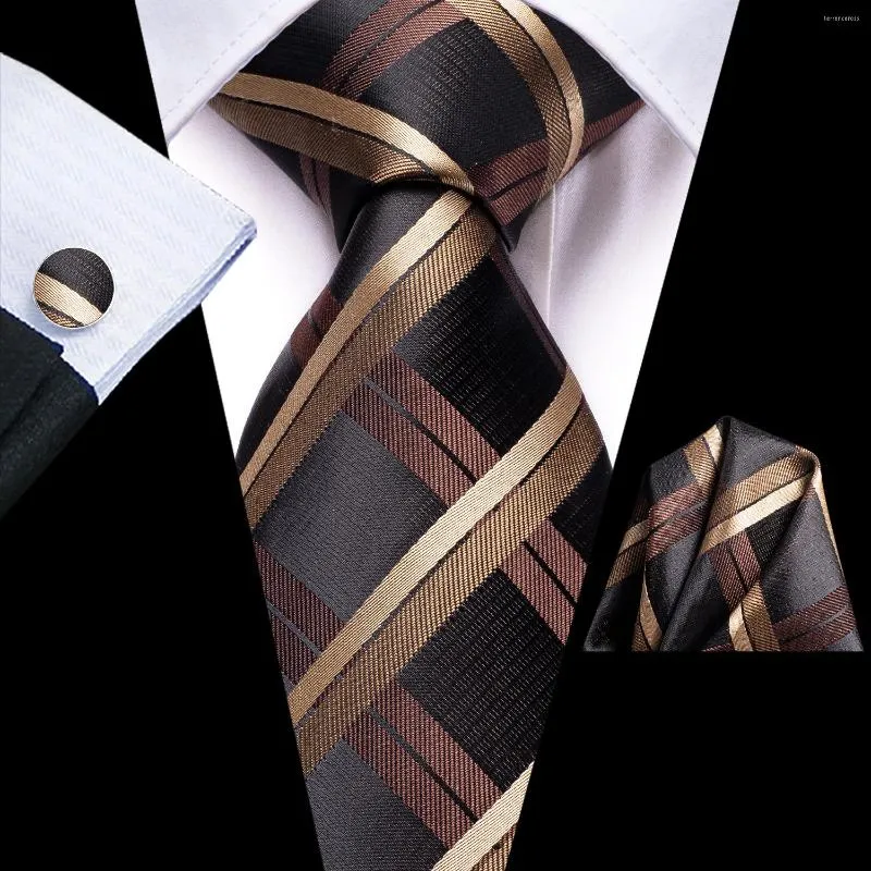 Bow Ties Plaid Black Brown Silk Wedding Tie For Men Gift Mens Slitte Handky Cufflink Set Fashion Business Party Dropship Hi-Tie Designer