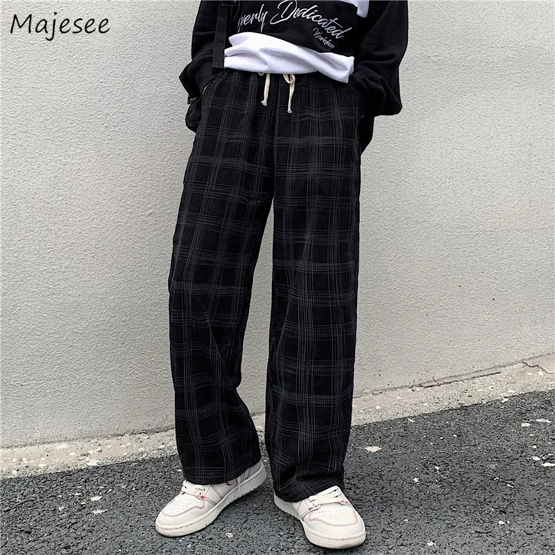 Men's Pants Spring Casual Plaid Pants Men Wide Leg Vintage BF Couple Straight Corduroy Pantalones Streetwear Harajuku Mopping Oversize S-3XL 230311