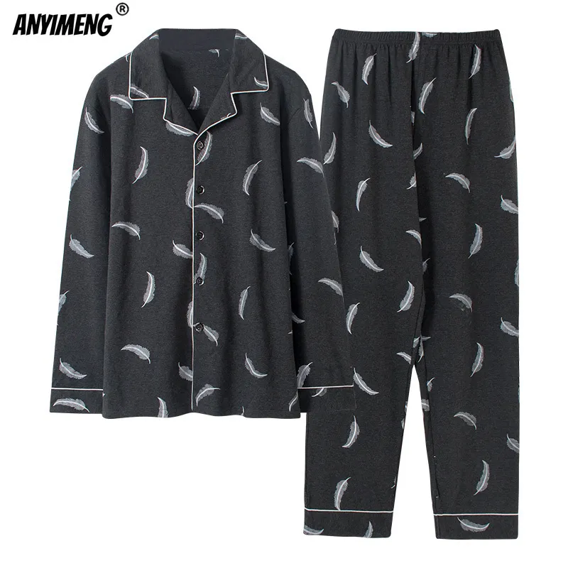 Mäns sömnkläder pyjamas Set Cotton Sleepwear Spring Autumn Two PCS Big Size 5xl 6xl Pajamas Plus Size Faders Sleepwear Feather Grey Home Suits 230311