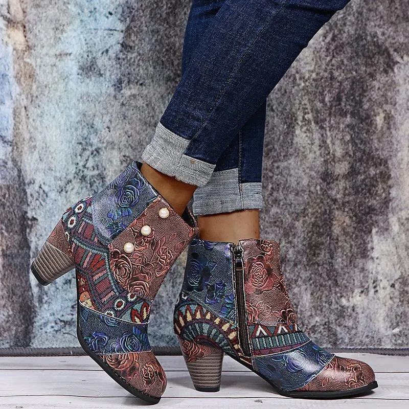 Bot ayak bileği botları kadınlar sonbahar pu kadın ayakkabıları etnik su geçirmez gündelik ayakkabı fermuar yüksek topuk kısa botlar botas mujer 230311