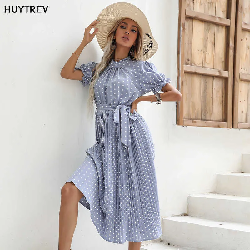 Casual Dresses 2022 Summer Midi Pleated Dress For Women Elegant Office Short Sleeve Polka Dots Print Bohemia Vacation Vestidos Party Clothes G230311