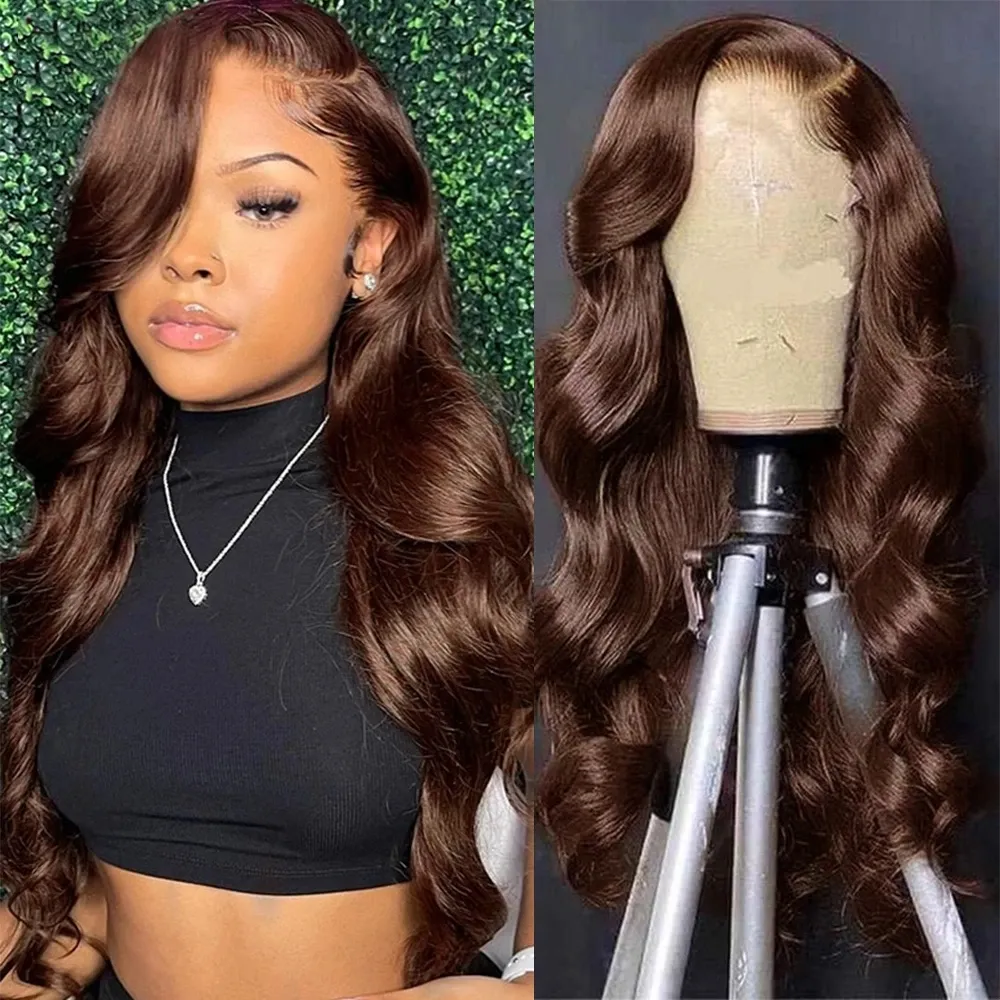 Perruque Lace Frontal Wig naturelle Body Wave brun chocolat, 13x4, perruque Lace Front Wig transparente HD, pour femmes, en vente 180% 150%