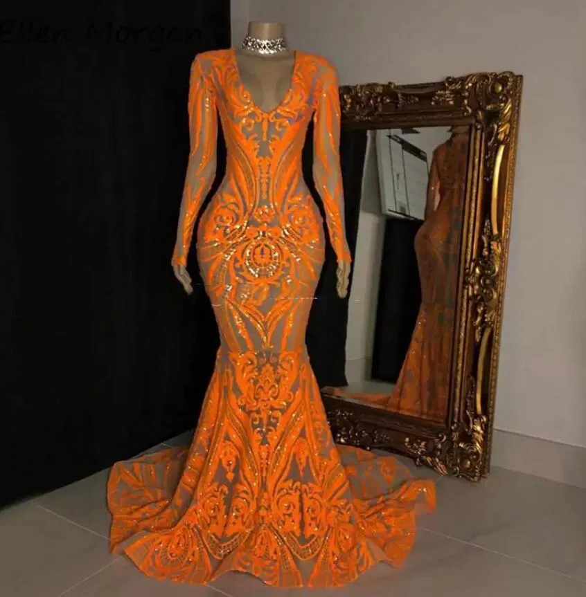 2023 PROM VENDES ORANGE LANGEL LANGELHING SHLING LACE LACE Mermaid Lantejas Africanas V Vestido de Mangas Longas de Mangas Longo Vestido de Partem Formal Sweep Sweep