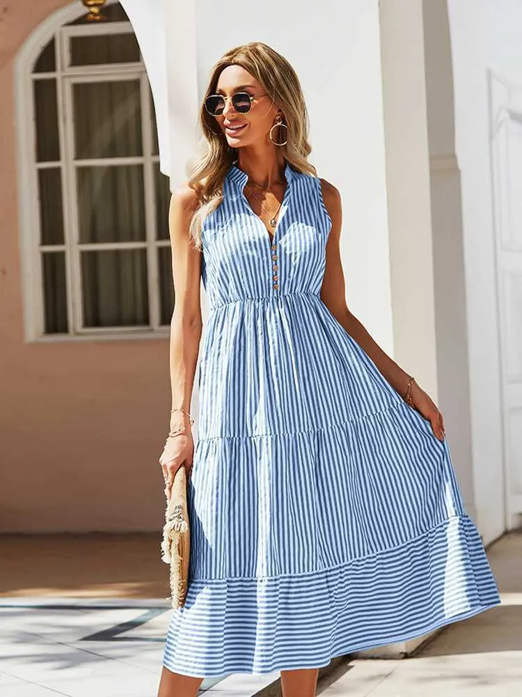 Casual Dresses Vintage Ladies Summer Swing Dress Women Sleeveless Casual Holiday Striped Shirt Dress Women Sundress Women Robe Vestidos G230311