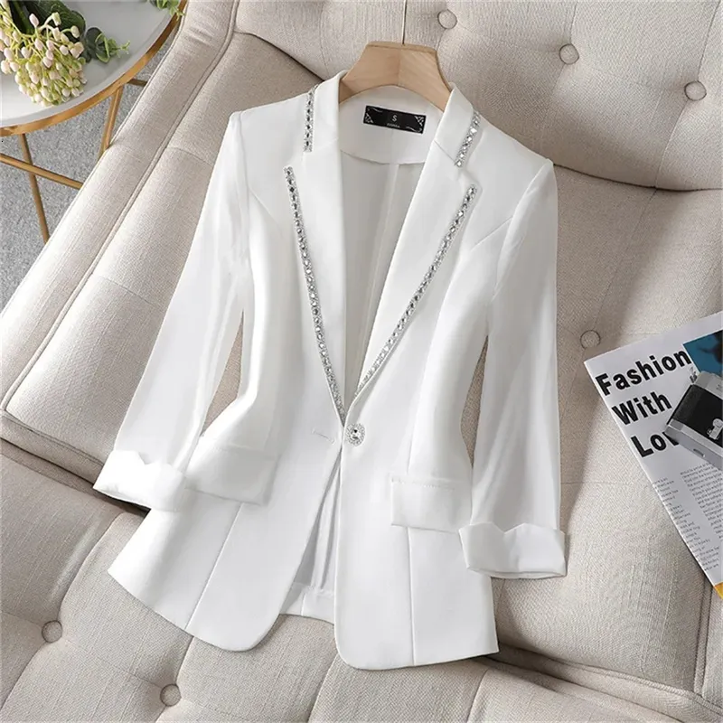 Costumes pour femmes Blazers 4XL Blazer femme paillettes été crème solaire veste blanc costume veste mode femme mince noir Cardigan 230311