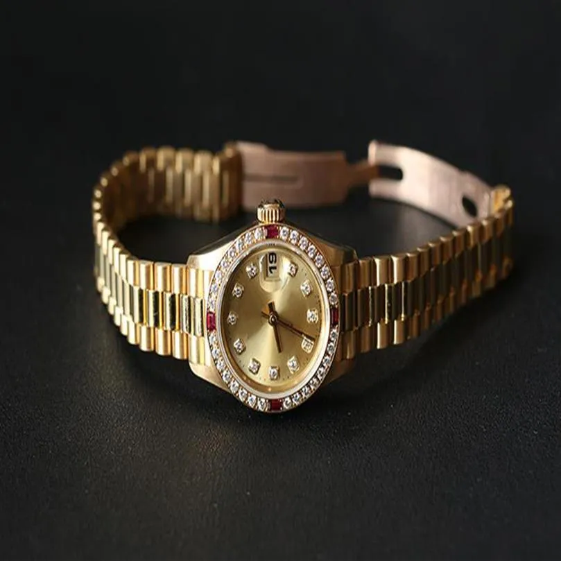 Women's Watch Gold 26mm Diamond Bezel Mechanical Watch Girl Gift285s