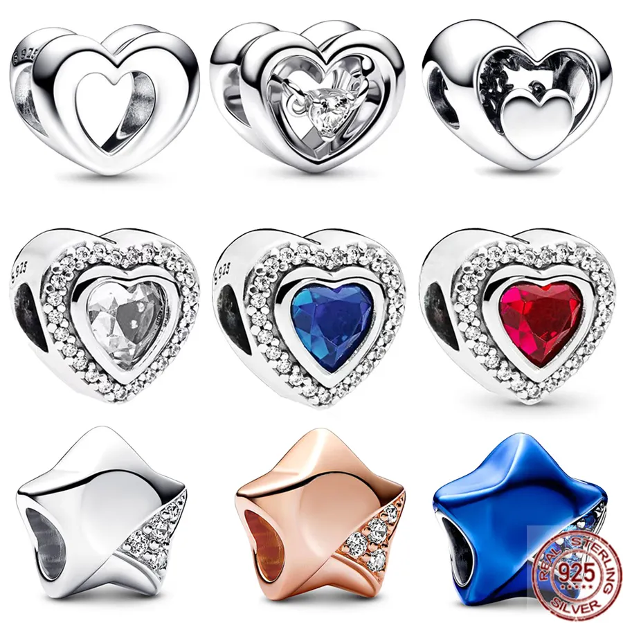 Pandora S925 Sterling Silver Glittering Transparent Blue and Red Heart Pen Charm Is Suitable for Primitive Pandora DIY Bracelet Jewelry Production