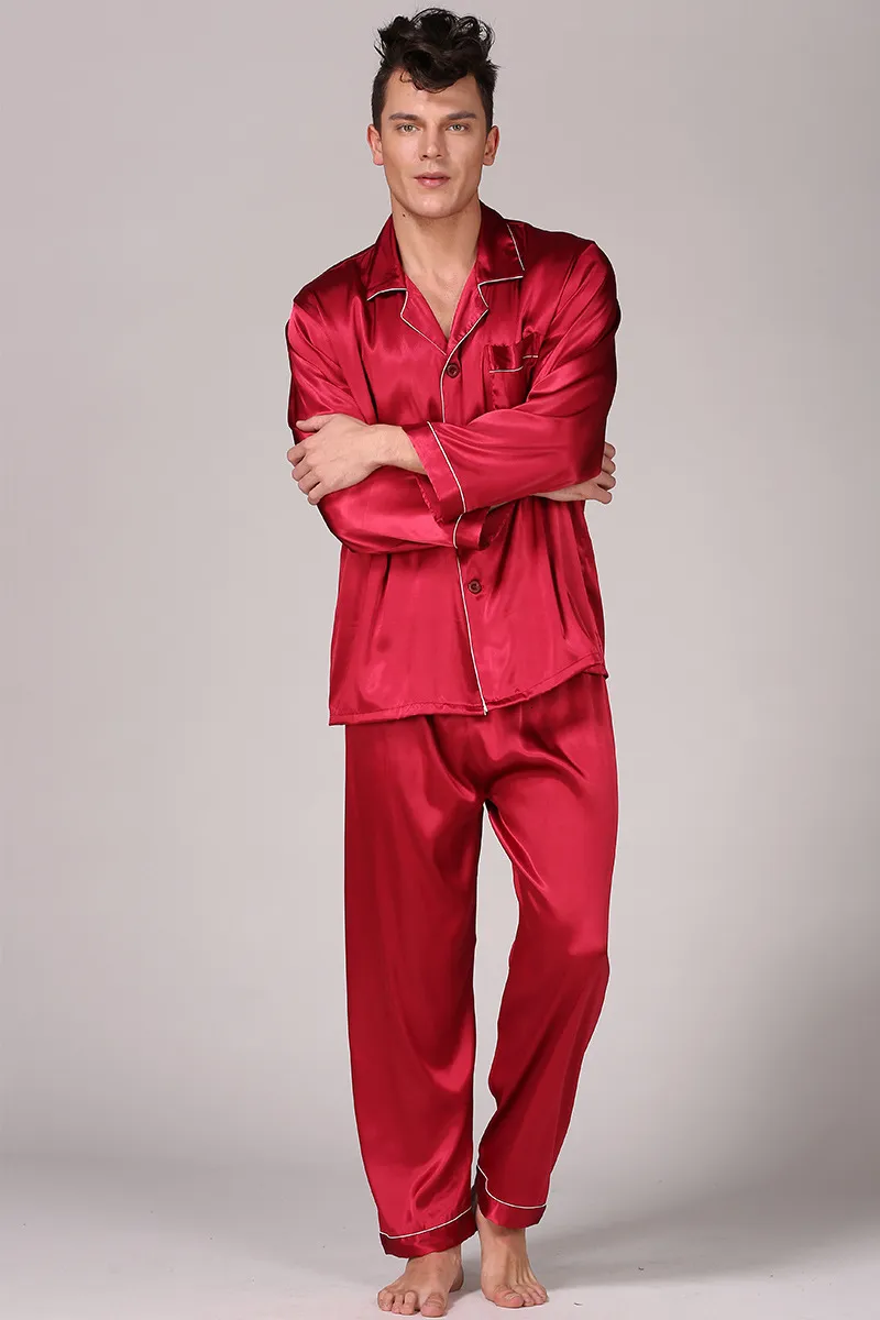 Men's Sleepwear Silk Satin Sleepwear Pajama Set Long-Sleeve Sleep Tops Men Casual Nightwear 2PCS Home Suit Pants Pyjama Nightgown Plus Size 5XL 230311