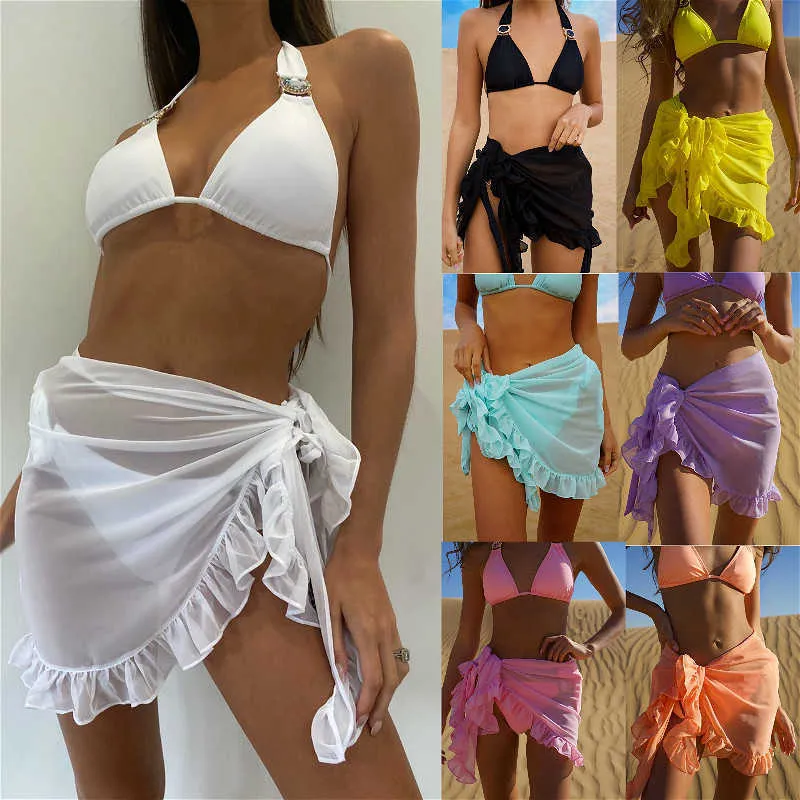 Costumi da bagno da donna 2021 Nuove donne Costumi da bagno in chiffon Pareo Sciarpa Bikini Cover-Up Wrap Kaftan Sarong Beach Gonne sexy 9 colori Costume da bagno Cover-Up Y2303