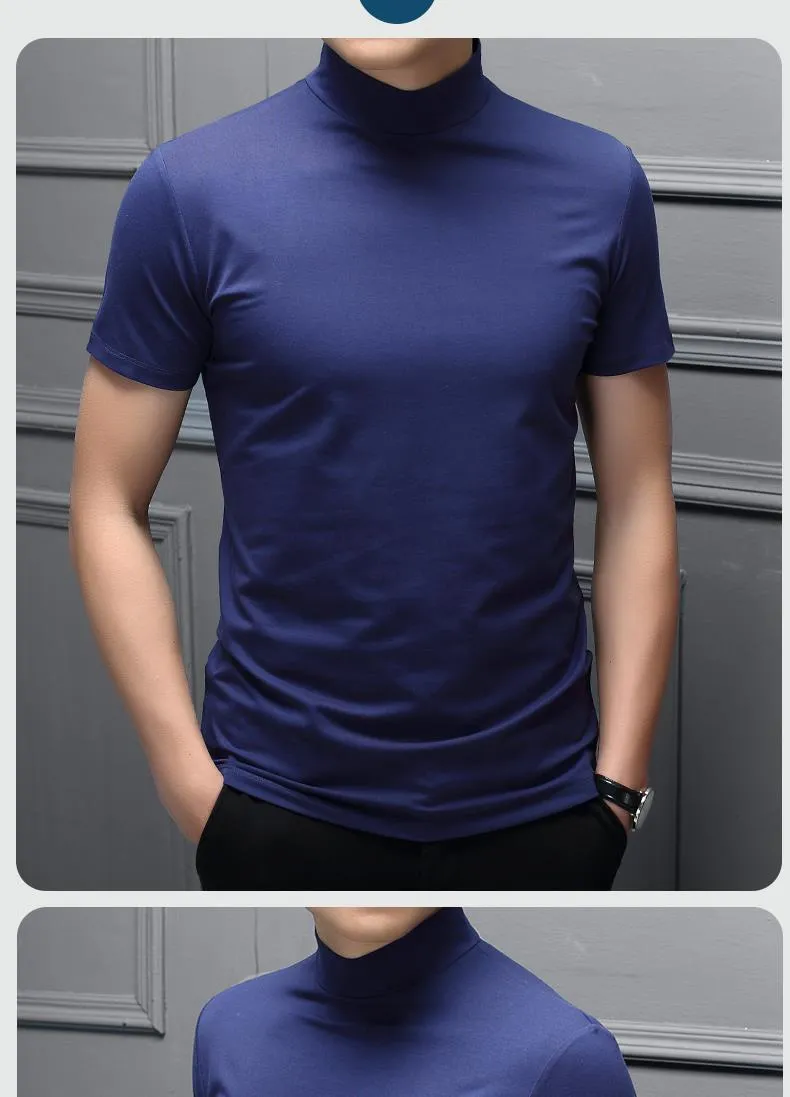 Men's Polos Spring and summer men's semihigh collar silk cotton shortsleeved thin tshirt pure color style high 230311