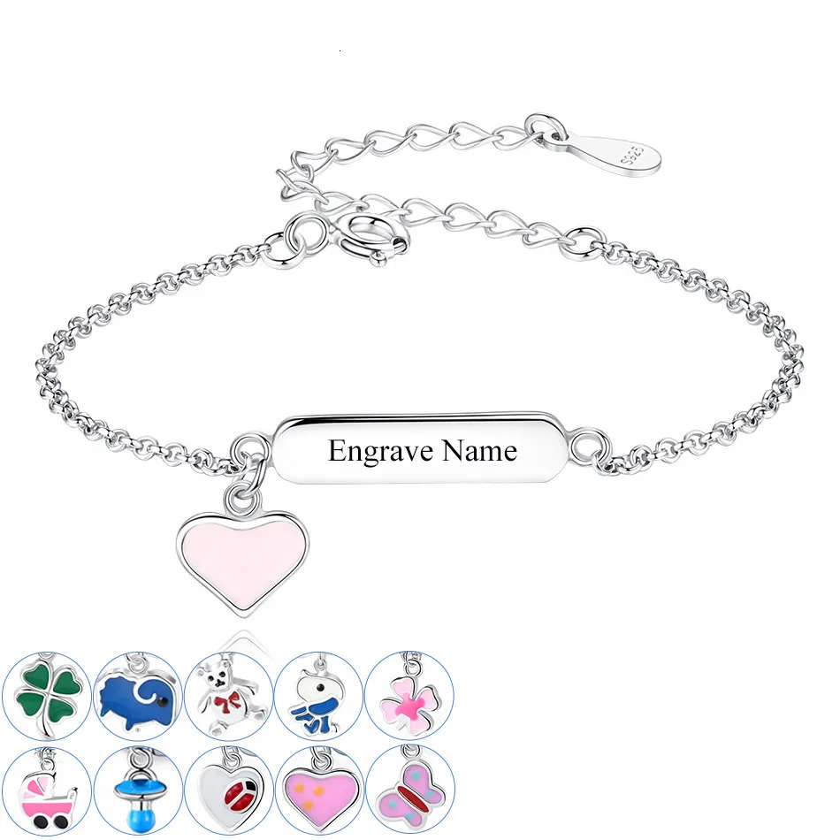 Bijoux ELESHE Personnalisé Nom Bracelets pour Enfants Personnalisé Rose Émail Coeur Charme Bracelet Graver 925 En Argent Sterling Cadeau 230311