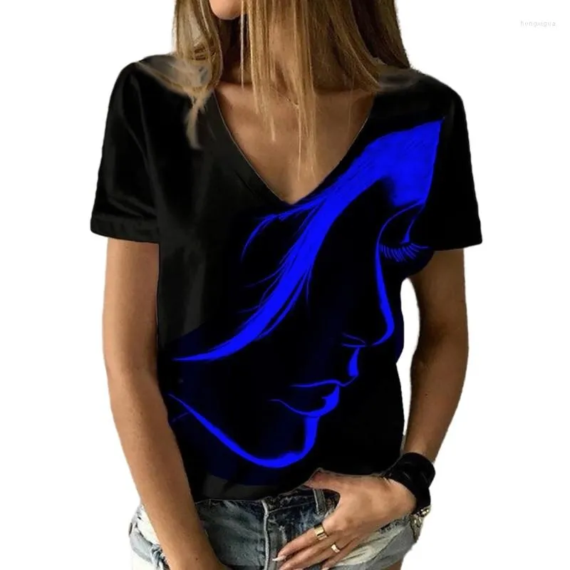 T-shirts pour femmes mode été femmes Portrait abstrait peinture chemise grande taille géométrique col en V basique hauts noir/impression 3D élégant