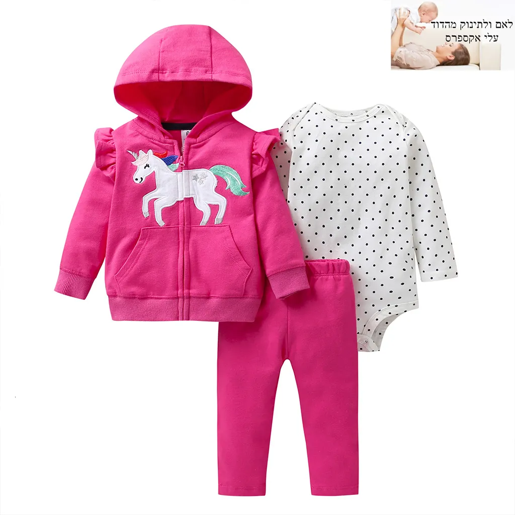 baby girl cartoon unicorn clothes long sleeve hooded coat+dot romper+pant newborn outfit 2019 fall infant clothing set new born