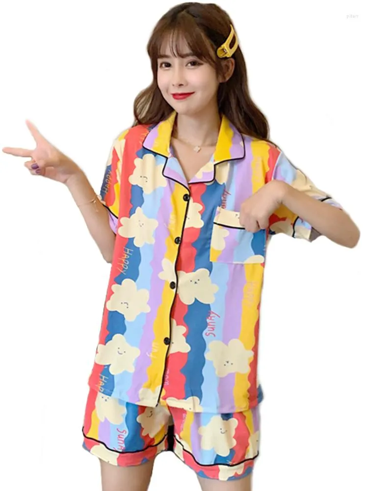 Dames slaapkleding pyjama's voor vrouwen korte mouw loungewear regenboogwolken geprinte pyjama's cartoon zomerhuis slijtage dames nachtkleding set