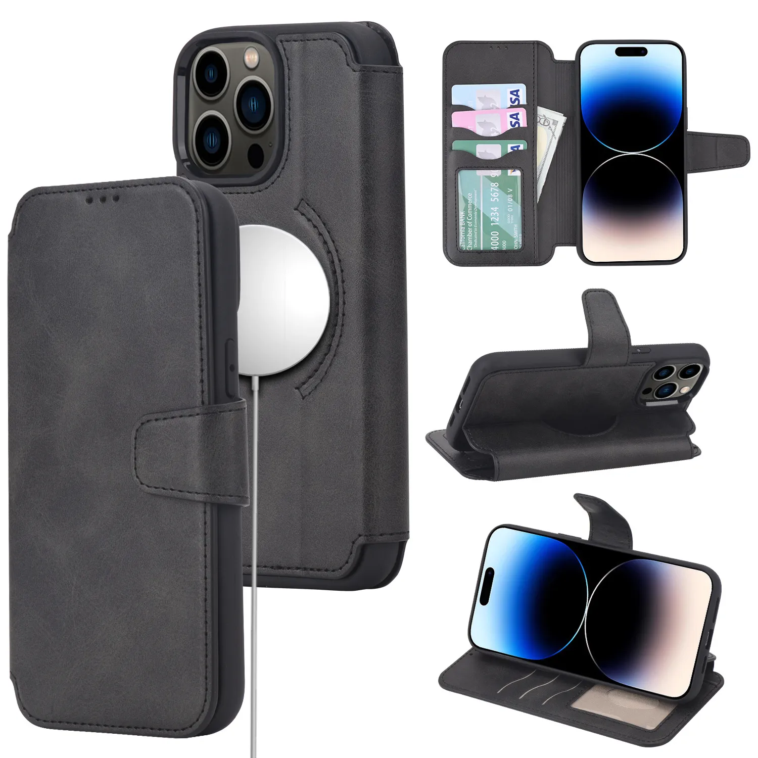 iPhone 14 Pro Max Plus 용 Premimu Leather Flip Folio Magnetic Phone Case Case Magsafe RFID 차단과 호환됩니다.