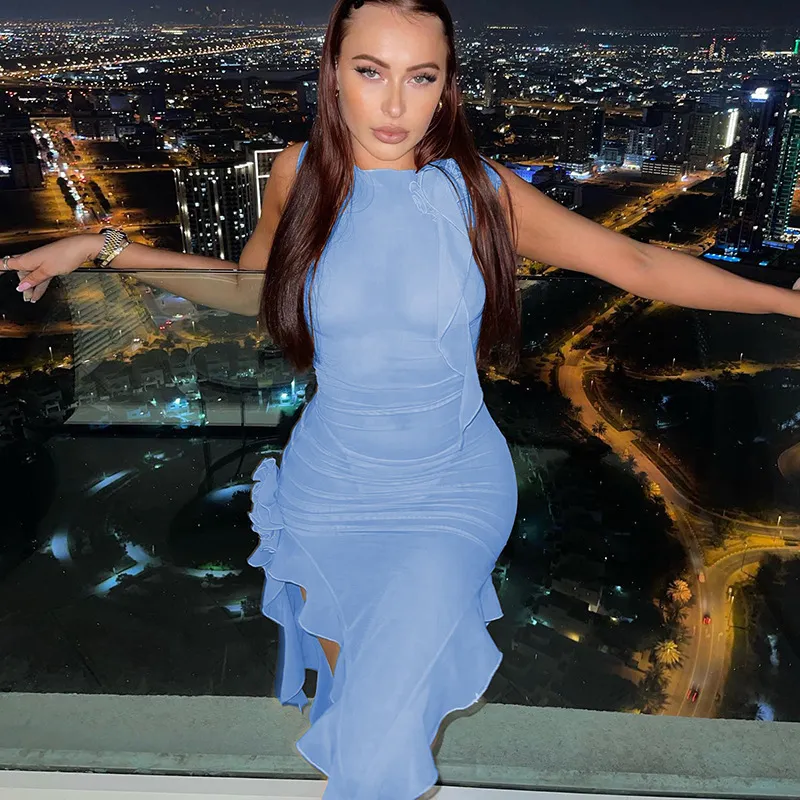 mesh bodycon beach dress Chic Summer Ruffled Mesh Bodycon Dress with Slit Hem & Suspenders Canary Houze