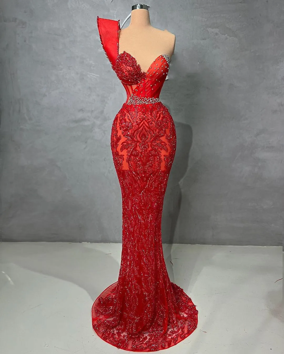 Save Big on Bulk Lace Mermaid Prom Dresses, Sleeveless Red Evening Gown: V  Neck Beaded Formal Dress With Sequins, Pearls, And 3D Lace Plus Size