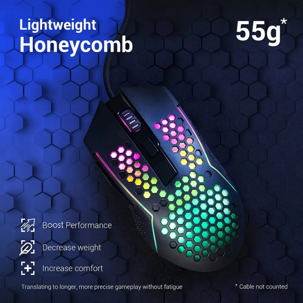 n Легкие 55G Honeycomb Gaming Mouse Mouse RGB -подсветка Проводные 6 кнопок Программируемые 12400 DPI для компьютера для Windows PC