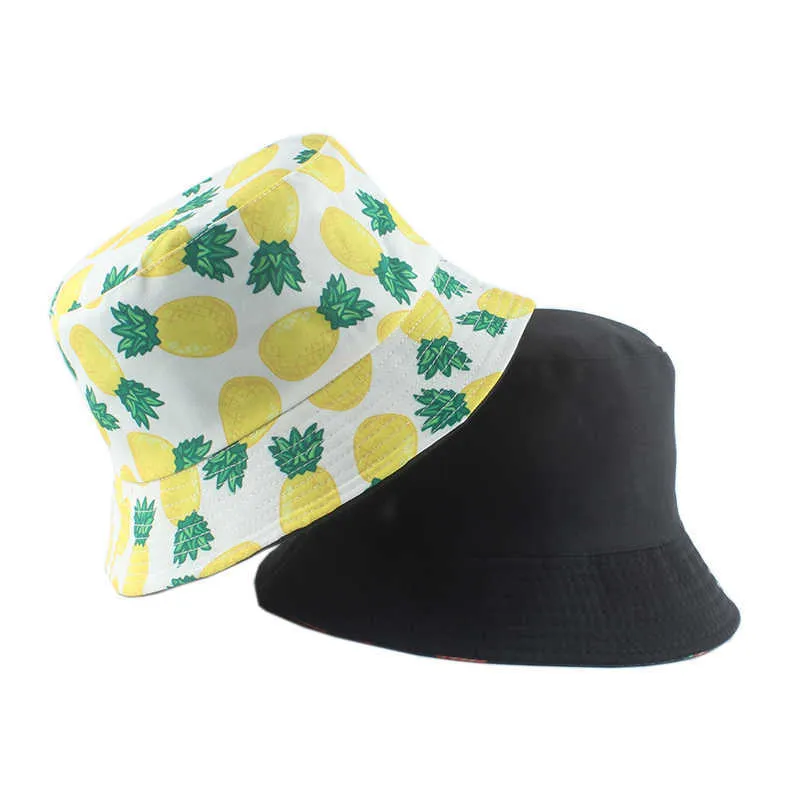 Breda brimhattar Sommarfrukt ananas banan Strawberry Print Fisherman Hat Panama Bucket Hats For Women Men Street Hip Hop Fishing Cap Gorro P230311
