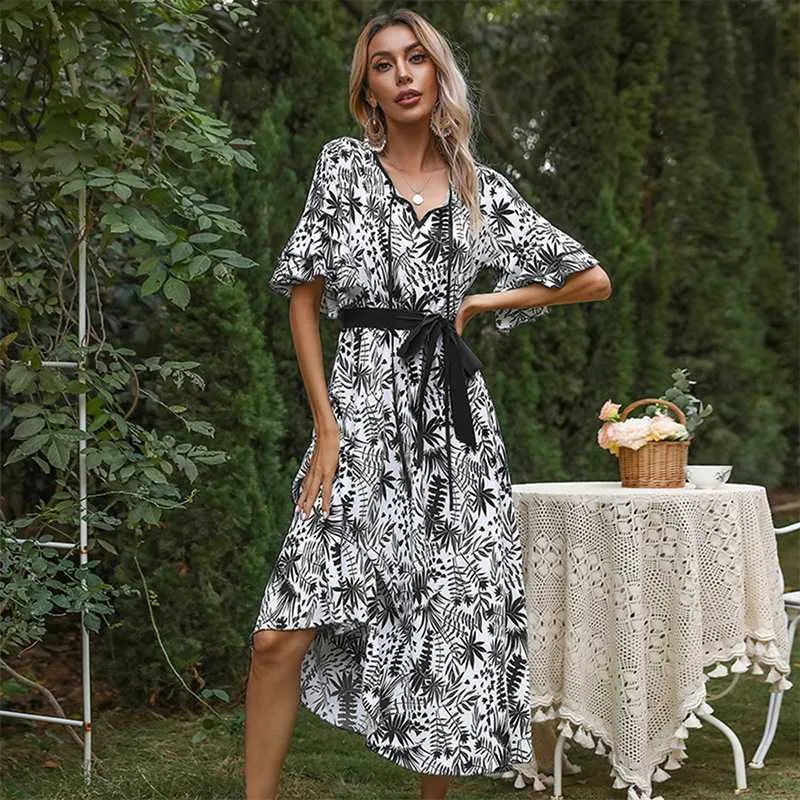 Casual Dresses Chic Women's Skirt Beach Super Long Women's Retro Printed Bohemian Lotus Leaf Sleeve Dress A-line Elegant Belt Vacation Xl G230311