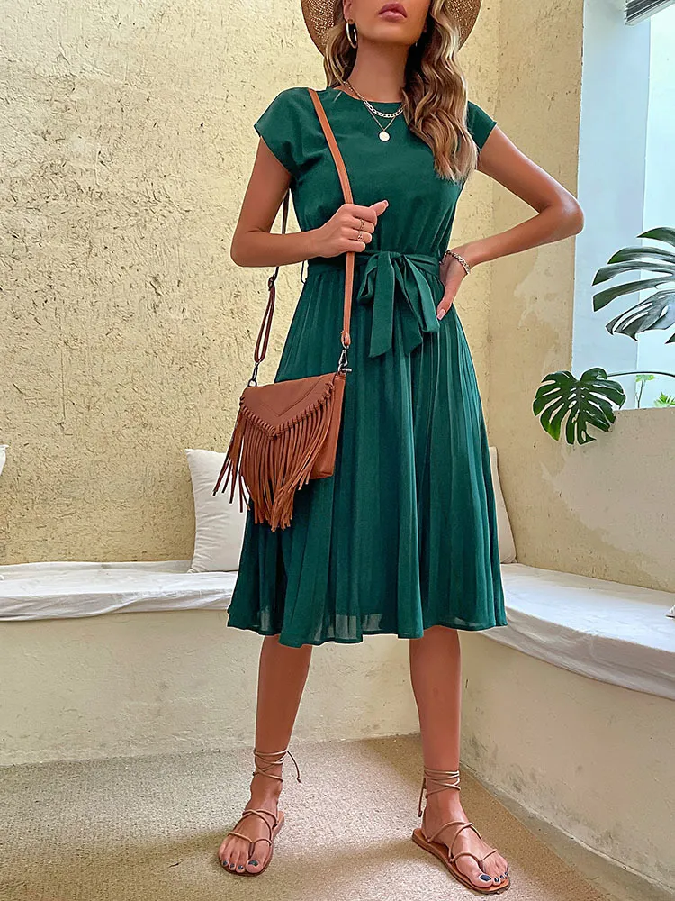Elegant Women's Summer Beach chiffon sundress - Short Sleeve Pleated Midi Dress in Soild Colors, O Neck Tunic Fashion (230310)