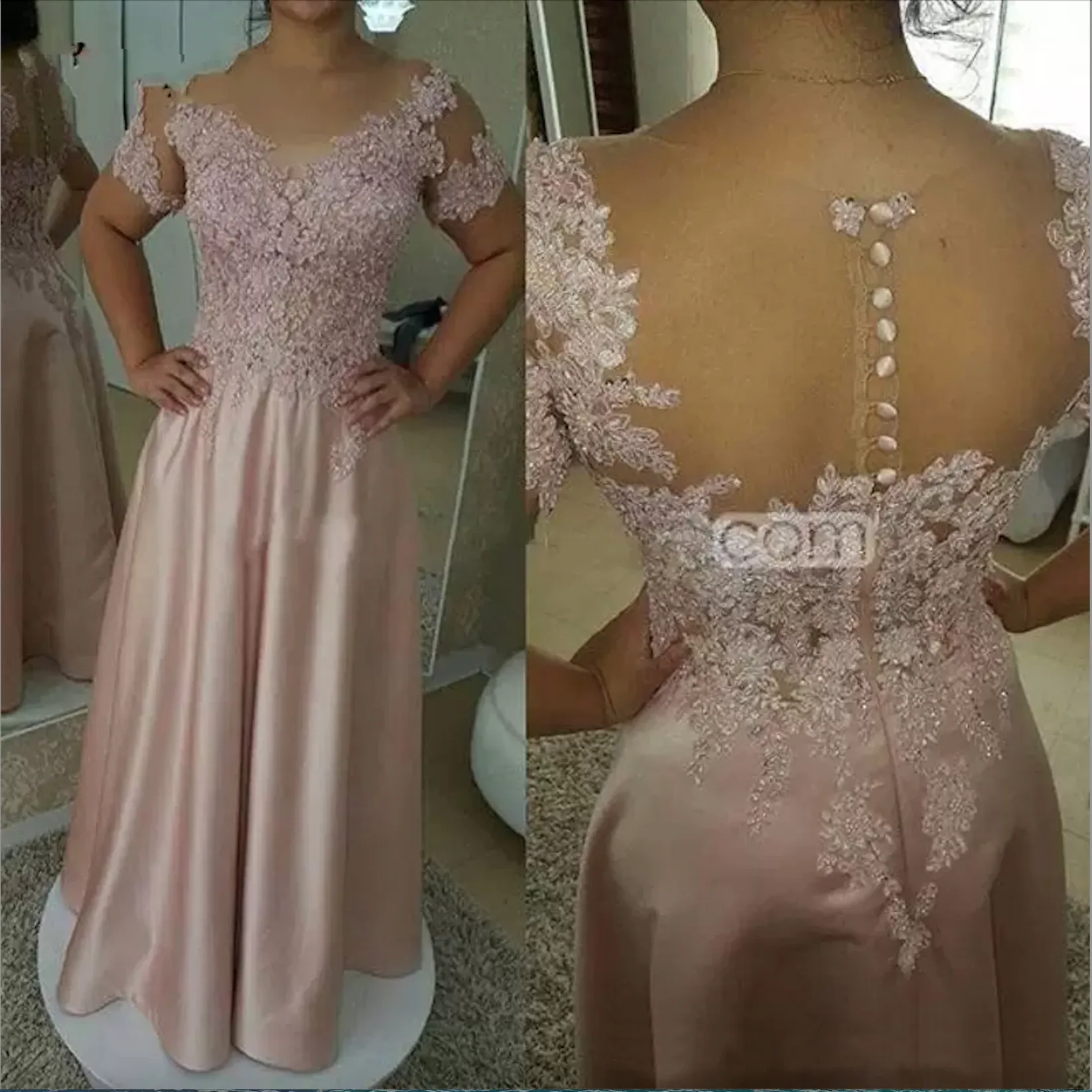 Formal Mother of the Bride Dress Short Sleeve Appliques Beaded Long Wedding Guest Evening Gowns A-line Pink Plus Size