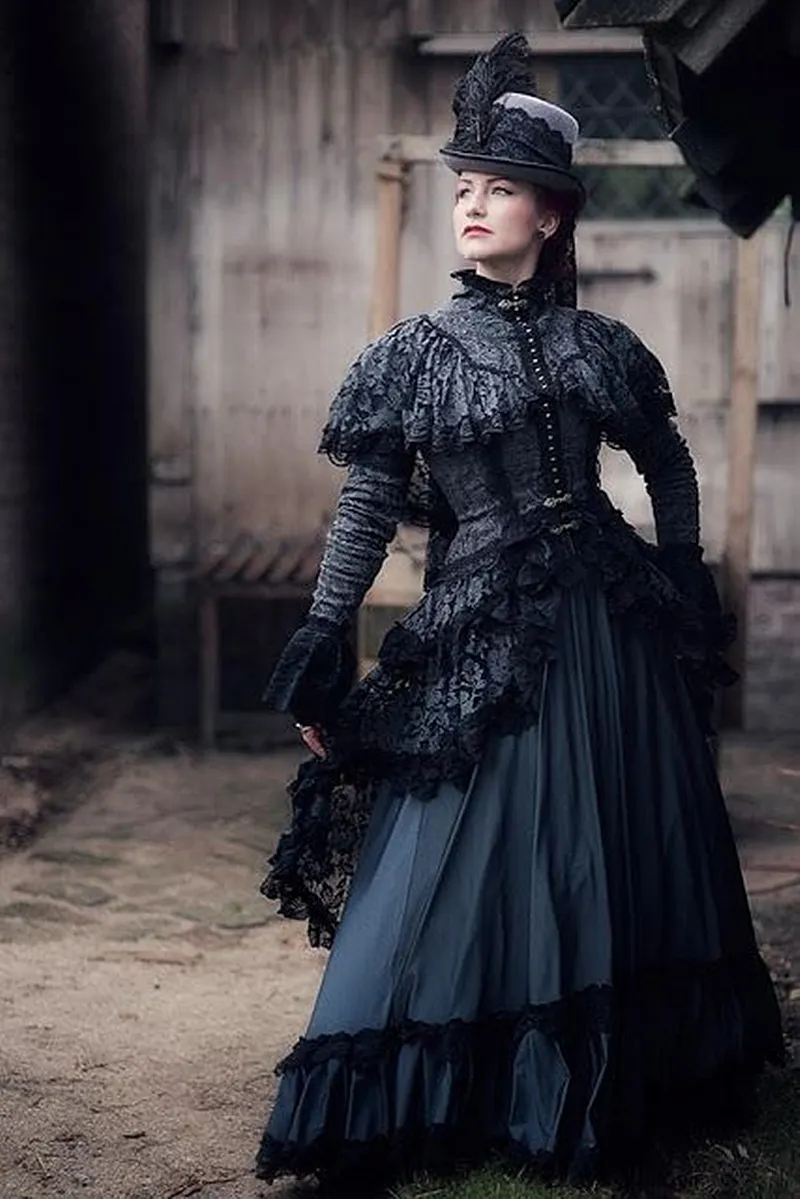 Steampunk Events Gothic Spitzenhochzeitskleid mit langen Ärmeln, Stehkragen, A-Linie, bodenlang, dunkelgrau und schwarz, Vintage-viktorianische formelle Damenkleider