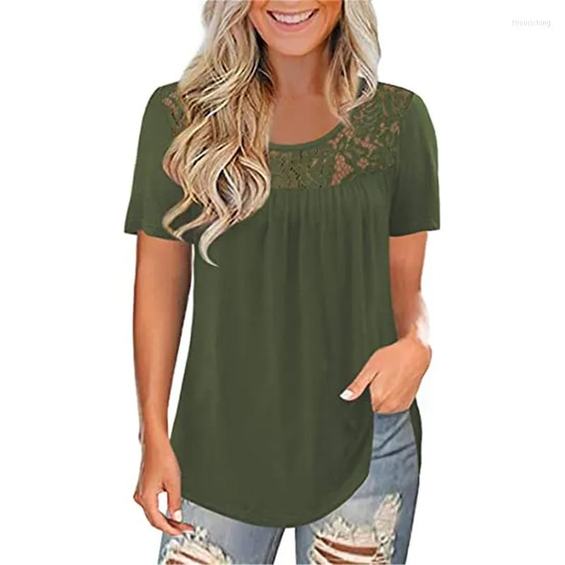 Women's T Shirts Wholesale Women'S Short Sleeve Lace Pleated Solid Summer Tunic Tops