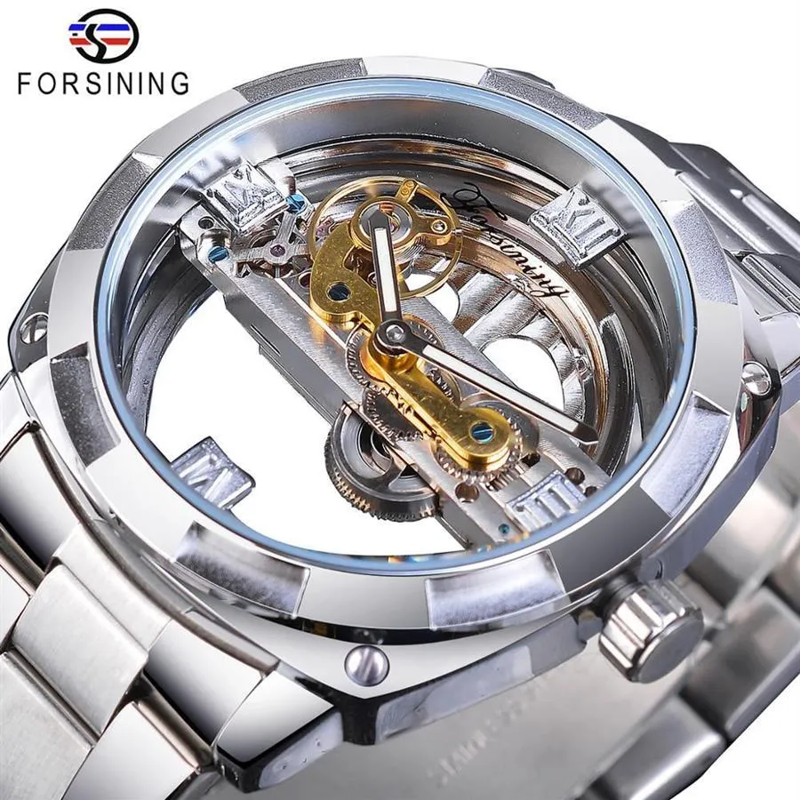 Forsining Men Men Transparent Design Mechanical Watch Automatic Silver Square Golden Gear Skeleton Stainless Steel Belts Clock saati y278n