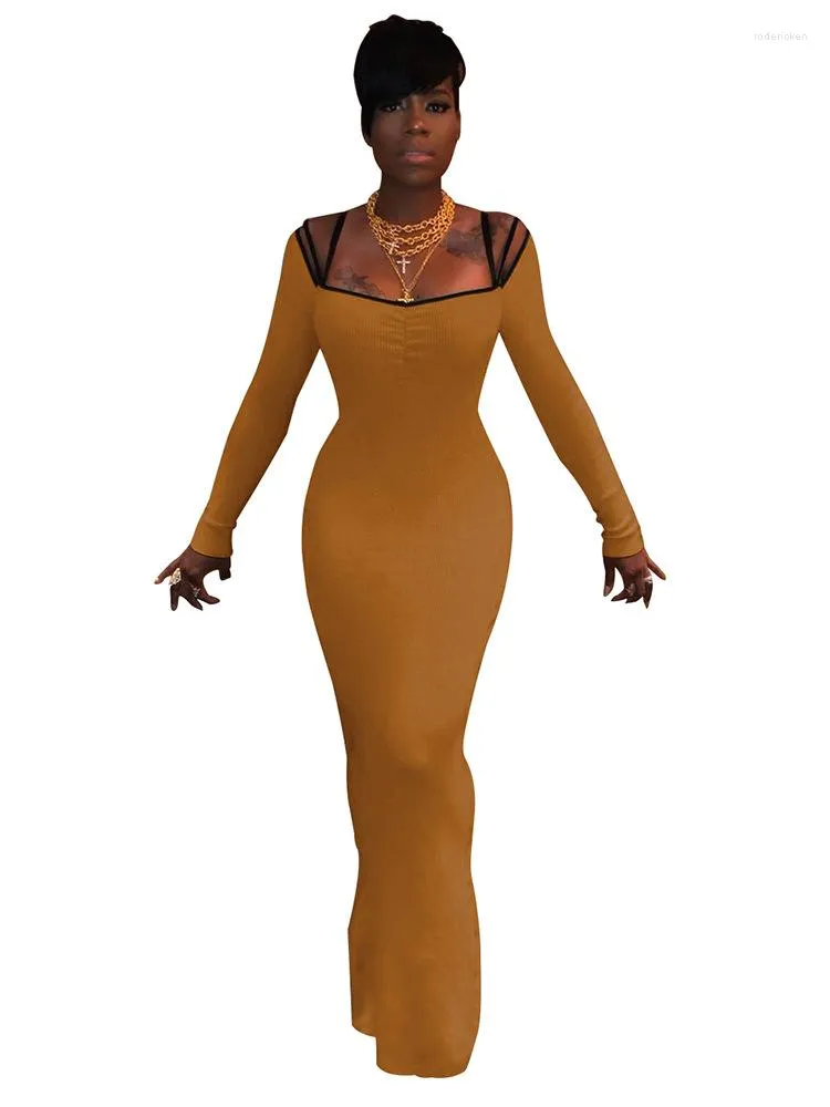 Ethnische Kleidung Afrikanische Kleider für Frauen Volle Hülse Quadrat Kragen Schlanke Roben Frühling Herbst Fashion Solid Sexy Lange Maxi Kleid 2023