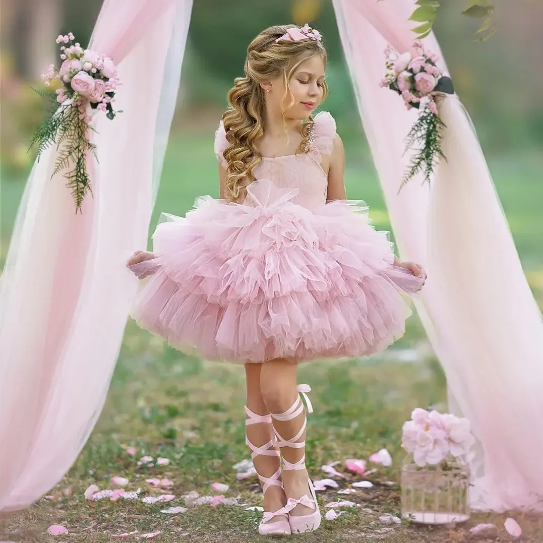 Vestidos de ni a de flores con cuentas de color rosa claro Vestidos de desfile de princesa con volantes escalonados para boda y cumplea os Vestido