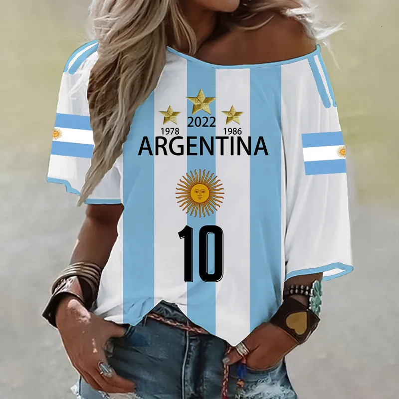 Camiseta feminina 2023 verão argentina 3 estrelas Pintura de bandeira T Loose Brasil Resumo 3d Impressão fora dos ombros 230311