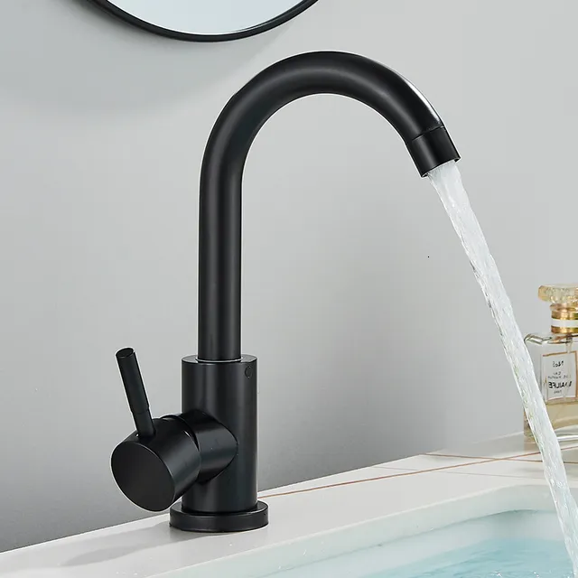 Bathroom Sink Faucets Black Basin Faucet Bathroom Sink Tap Cold Wash Mixer Crane Tap 360 Rotation Faucets Single Handle Deck Mounted Mixer Tap 230311