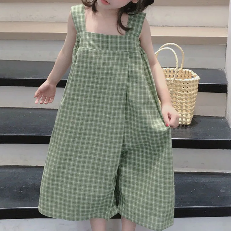 Rompers Girls' Summer Rompers Plaid Sling Korean Jumpsuit Fashion Wide Leg Pants Baby Kids Clothes Children'S Clothing 230311