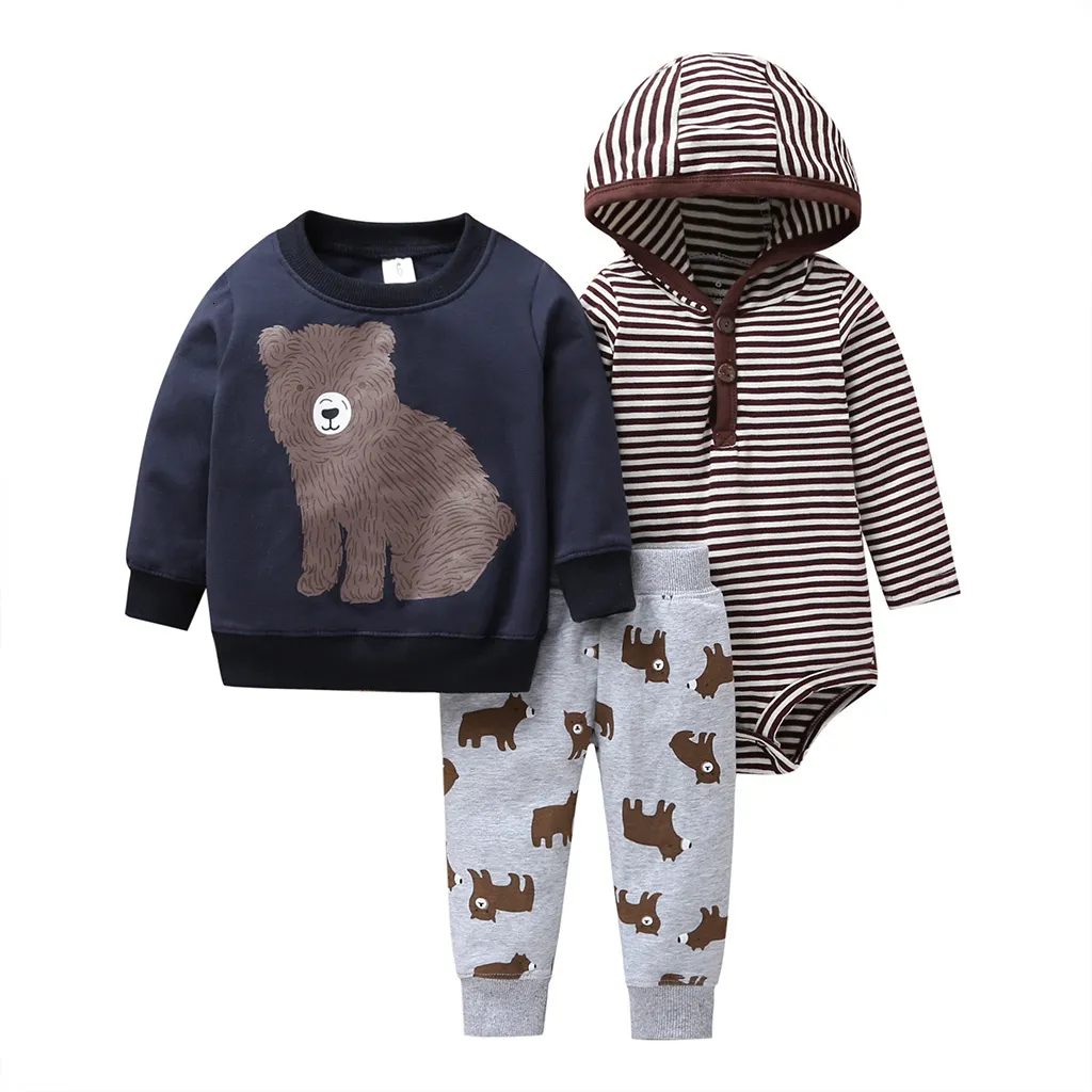 new born baby cartoon bear clothes set long sleeve Sweater+stripe romper+pants 2019 autumn outfit newborn boy clothing winter